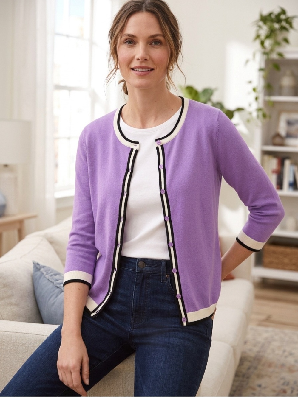 Talbots Lavender Trim Crewneck Cardigan Sweater